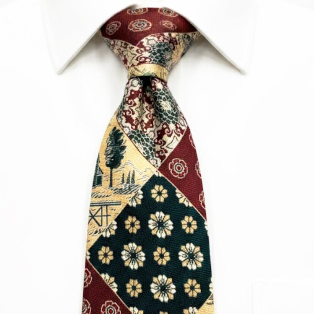 Vintage Pierre Cardin Patchwork Tie Floral Scenic Cottage Burgundy Green Retro